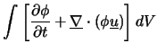 $\displaystyle \int \left[ \frac{\partial \phi}{\partial t}
+\underline{\nabla} \cdot ( \phi \underline{u} ) \right] dV$