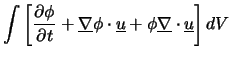 $\displaystyle \int \left[
\frac{\partial \phi}{\partial t}
+ \underline{\nabla} \phi \cdot \underline{u}
+ \phi \underline{\nabla} \cdot \underline{u} \right] dV$
