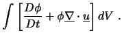 $\displaystyle \int \left[ \frac{D \phi}{Dt}
+ \phi \underline{\nabla} \cdot \underline{u}
\right] dV \ .$