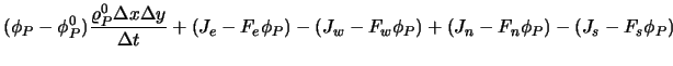 $\displaystyle (\phi_P - \phi_P^0)\frac{\varrho_P^0 \Delta x \Delta y}{\Delta t}...
..._e - F_e \phi_P) - (J_w - F_w \phi_P)
+ (J_n - F_n \phi_P) - (J_s - F_s \phi_P)$